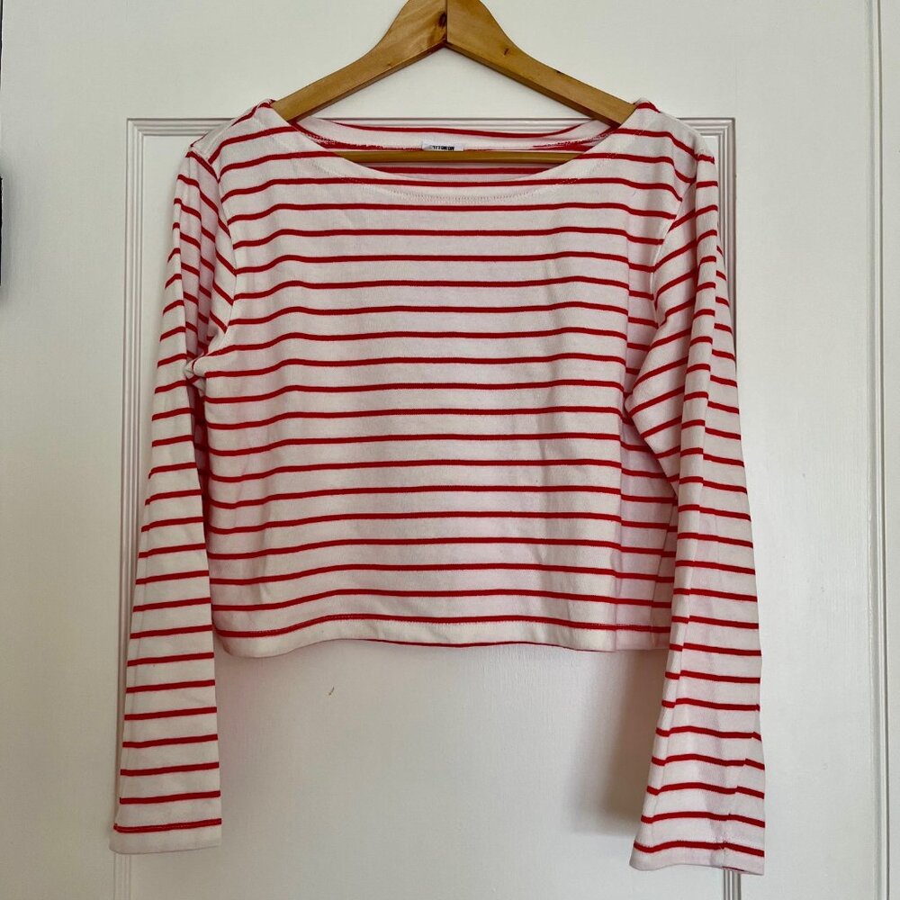 Cotton On Long Sleeve Boatneck Cropped Tee Red Stripe | Size Small - Picture 2 of 7